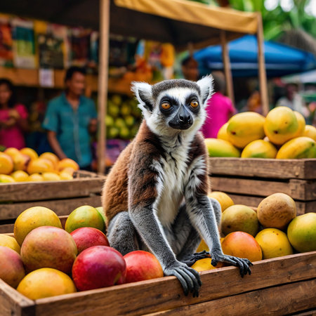 Lemur catta sitting on the counter of a fruit marketの素材