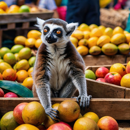 Ring-tailed lemur, Lemur catta, sitting on the counter of a fruit marketの素材
