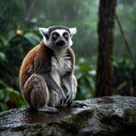 Ring-tailed lemur (Lemur catta) sitting in rainの素材