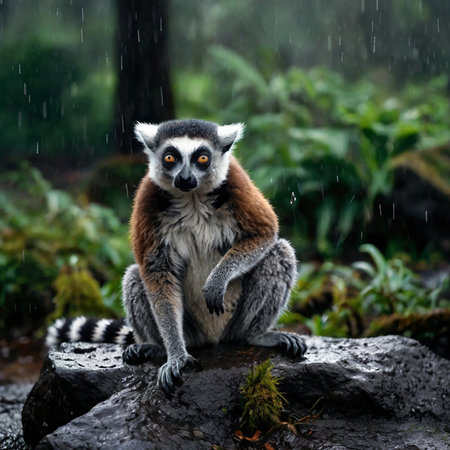Ring-tailed lemur (Lemur catta) sitting in rainの素材