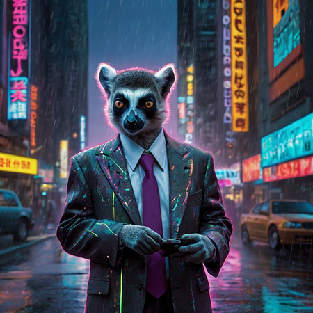 A lemur in a business suit and tie stands in a rainy street.の素材