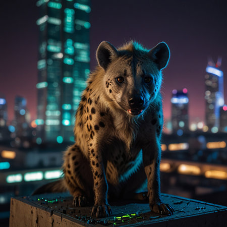 Hyena in the city at night with a cityscape in the backgroundの素材