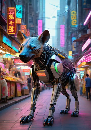 The robot is walking in the street at night.の素材