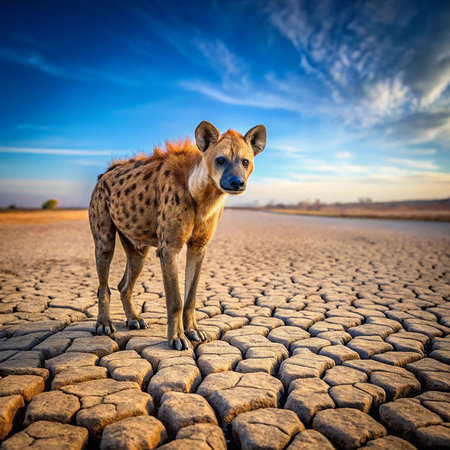 Hyena standing on cracked ground in the Namib Desert, Namibiaの素材