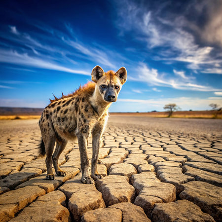 Spotted hyena standing on cracked ground in Namibia, Africaの素材