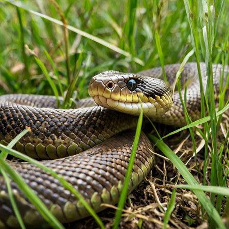 Close-up of a snake in the grass looking at the cameraの素材