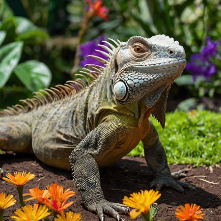 Iguana in the garden. Close-up of a green iguana.の素材