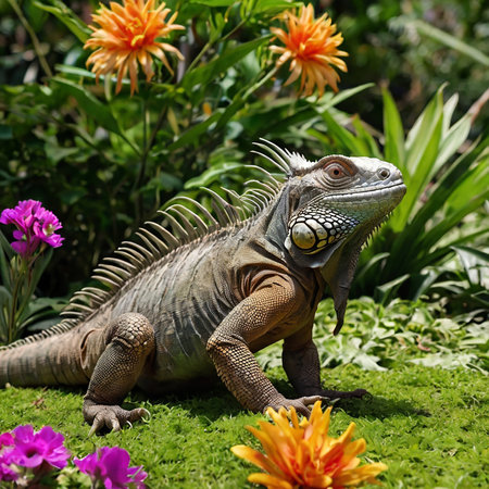 Iguana on the green grass with flowers in the garden.の素材