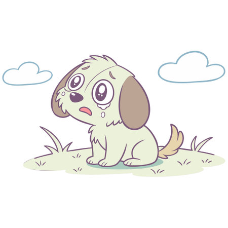 Illustration of a Cute Puppy Sitting on the Grass with Clouds in the Backgroundのイラスト素材