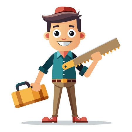 Carpenter with toolbox. Vector illustration in cartoon style.のイラスト素材