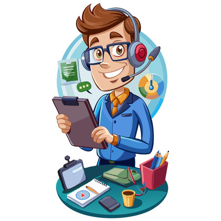Vector illustration of a young man working at his desk with a tabletのイラスト素材