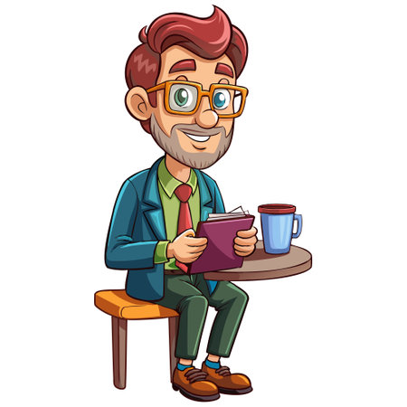 Vector illustration of Cartoon man sitting with book and cup of coffee.のイラスト素材