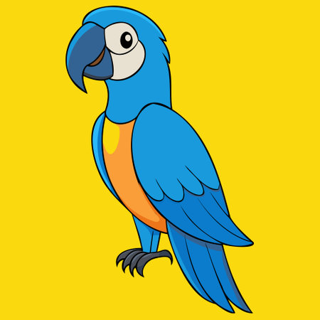 Blue macaw on yellow background. Vector illustration. Cartoon style.のイラスト素材