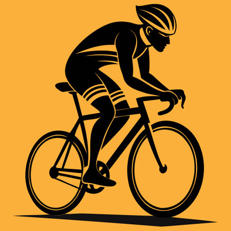 Cyclist riding bicycle vector silhouette illustration isolated on yellow background.のイラスト素材