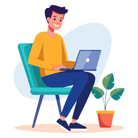 Young man sitting on chair and working on laptop computer. Freelance, remote work concept. Vector illustration in flat styleのイラスト素材