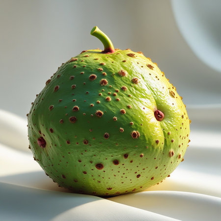 Green guava fruit on a white background, close-up.の素材