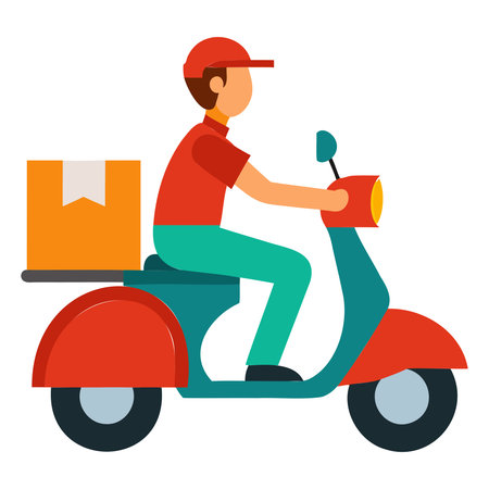 Delivery man on scooter with box. Flat style vector illustration.のイラスト素材