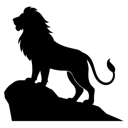 Lion on the rock. Black silhouette. Vector illustration isolated on white background.のイラスト素材