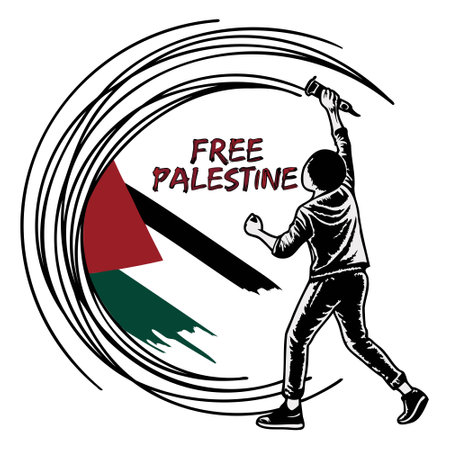 Vector illustration of a man painting the flag of Palestine with a brushのイラスト素材