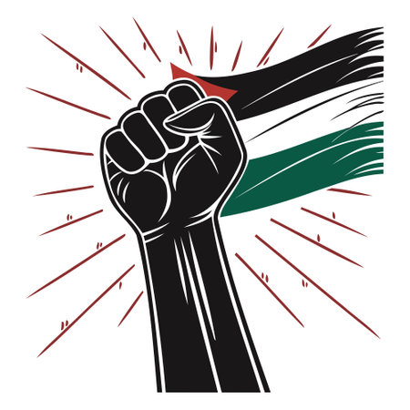 Flag of Palestine and hand clenched into a fist, vector illustration on white backgroundのイラスト素材