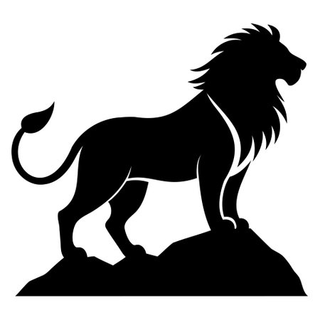 Lion standing on a rock, black silhouette on a white backgroundのイラスト素材
