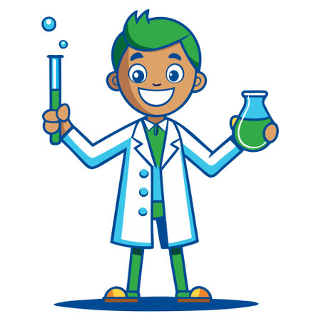 Scientist boy holding a test tube. Vector illustration in cartoon style.のイラスト素材