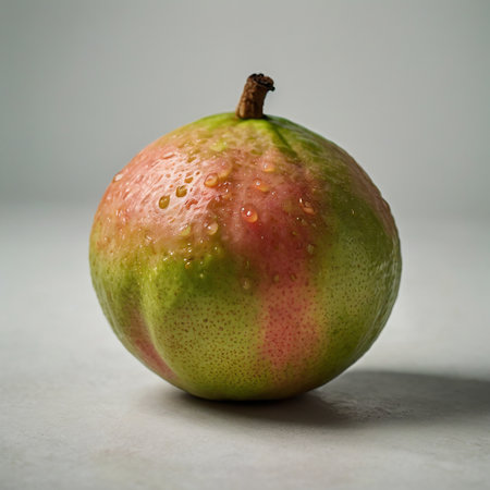 Ripe pear with water drops on a gray background. Close up.の素材