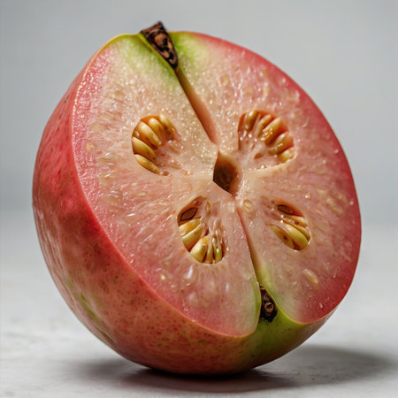 Ripe red guava fruit on a white background. Close-up.の素材