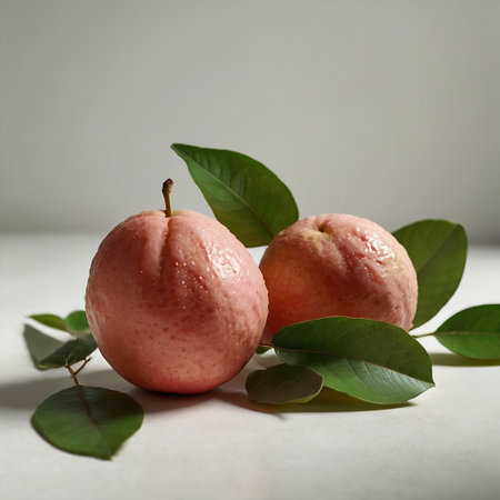 Ripe pears with leaves on a light background. Still lifeの素材