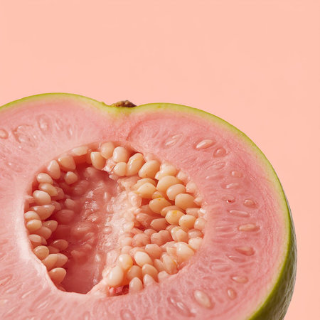 Half of guava fruit on a pink background. Close up.の素材