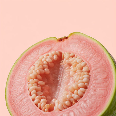 Half of pink guava fruit on pastel pink background with copy space.の素材