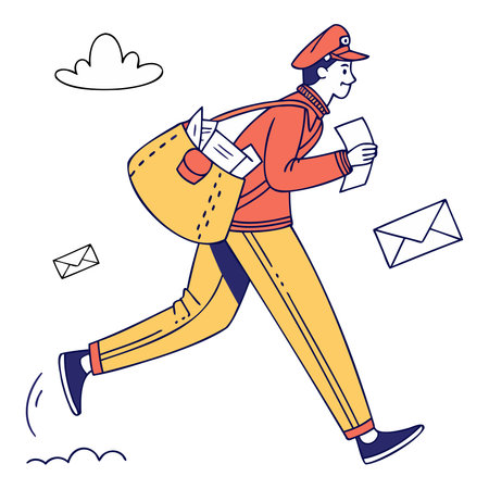 Vector illustration of delivery man running with parcels and envelopes in hand