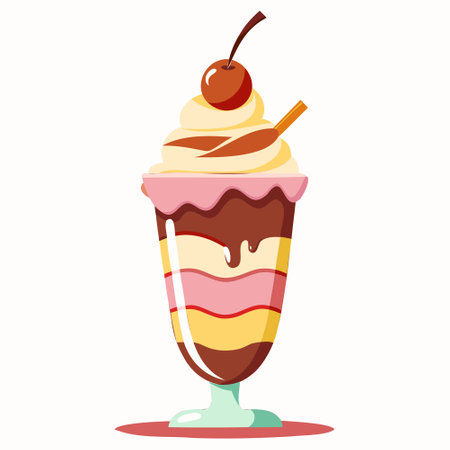 Vector illustration of a chocolate sundae with whipped cream and cherry.のイラスト素材