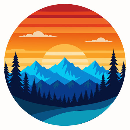 Mountain landscape. Sunset in the forest. Vector illustration in flat styleのイラスト素材