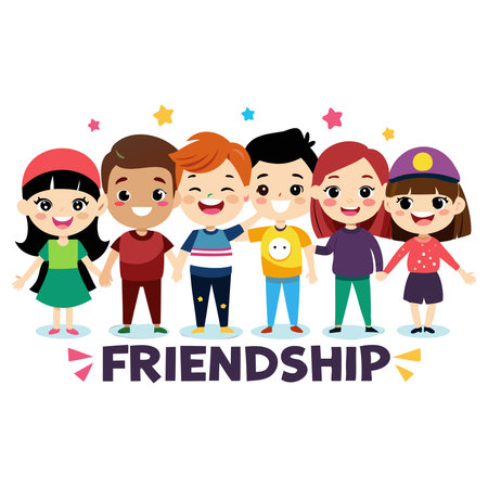 Friendship concept with happy kids and friendship text vector illustration graphic designのイラスト素材