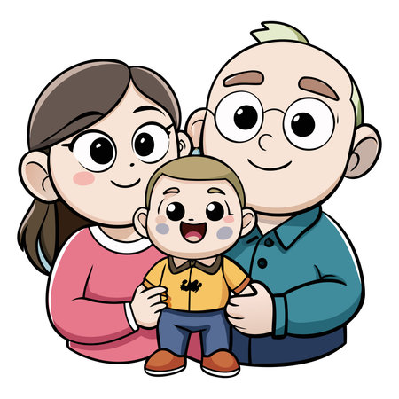 Illustration of a Grandfather and Grandmother with their Grandsonのイラスト素材