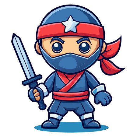 Ninja Warrior Mascot Character with Sword and Shield Vector Illustrationのイラスト素材