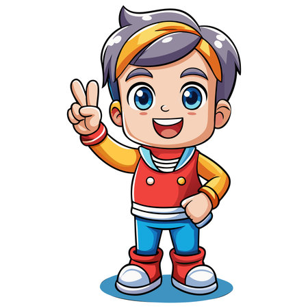 Cute little boy in red shirt and blue jeans. Vector illustration.のイラスト素材