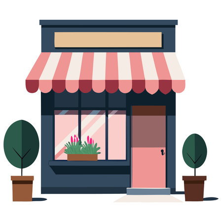 Facade of a small shop with awning and plants in pots. Vector illustration.のイラスト素材