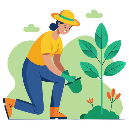 Gardener woman planting tree vector illustration. Female gardener working in the garden. Gardening concept.のイラスト素材