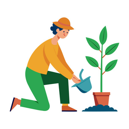 Gardening and planting concept. Man with watering can and plant vector illustration.のイラスト素材