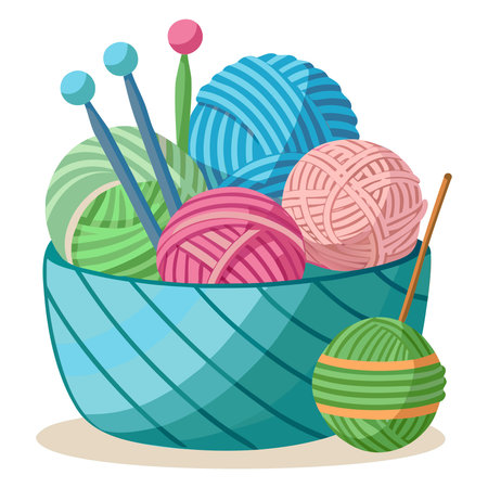 Basket with balls of yarn and knitting needles. Vector illustration.のイラスト素材