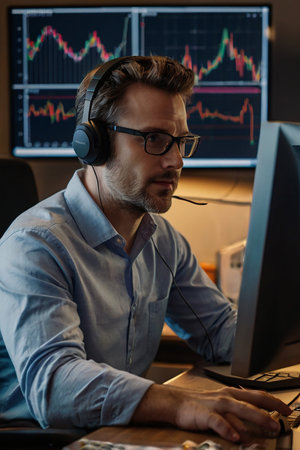 selective focus of broker in headset using computer while sitting at workplaceの素材
