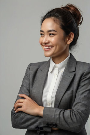 Portrait of a happy young businesswoman smiling with arms crossed over gray backgroundの素材