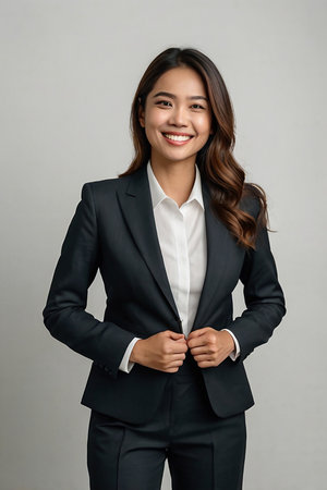 Portrait of a smiling young businesswoman standing isolated over gray backgroundの素材