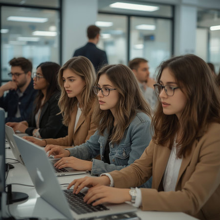 Group of young people working together on a laptop in a modern office