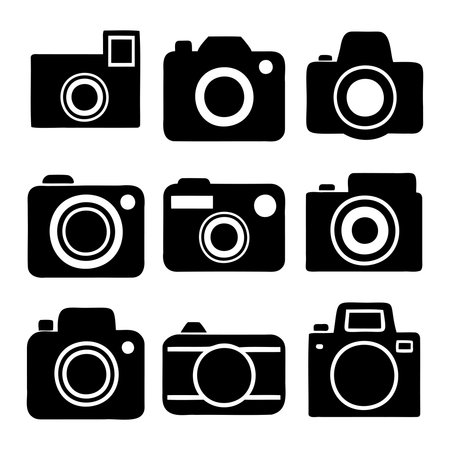 Camera icon set. Vector illustration in black and white colors on white background.のイラスト素材