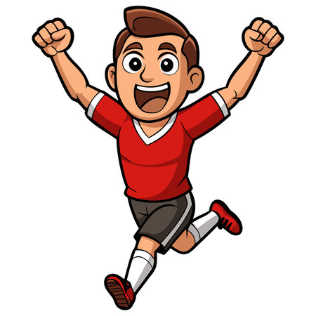 Happy boy jumping with hands up isolated on white background. Vector illustration.のイラスト素材