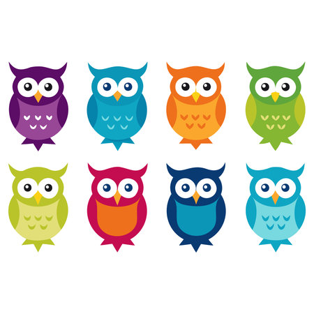 Set of colorful owls isolated on white background. Vector illustration.のイラスト素材