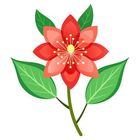 Illustration of a red flower with green leaves on a white backgroundのイラスト素材